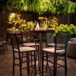 Bistrô Alto Base Bambu Ferro Cinza com Tampo Granito Preto