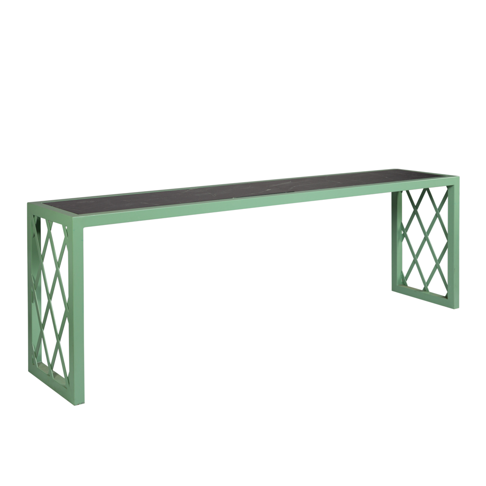 Aparador de Ferro Treliça Laca com Tampo em Marmore Verde Alpi 2,50 x 0,80 x 0,50