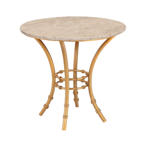 Bistrô Baixo Base Bambu Dourada com Tampo Mármore Travertino Bege - 0,60m diâmetro x 0,60h