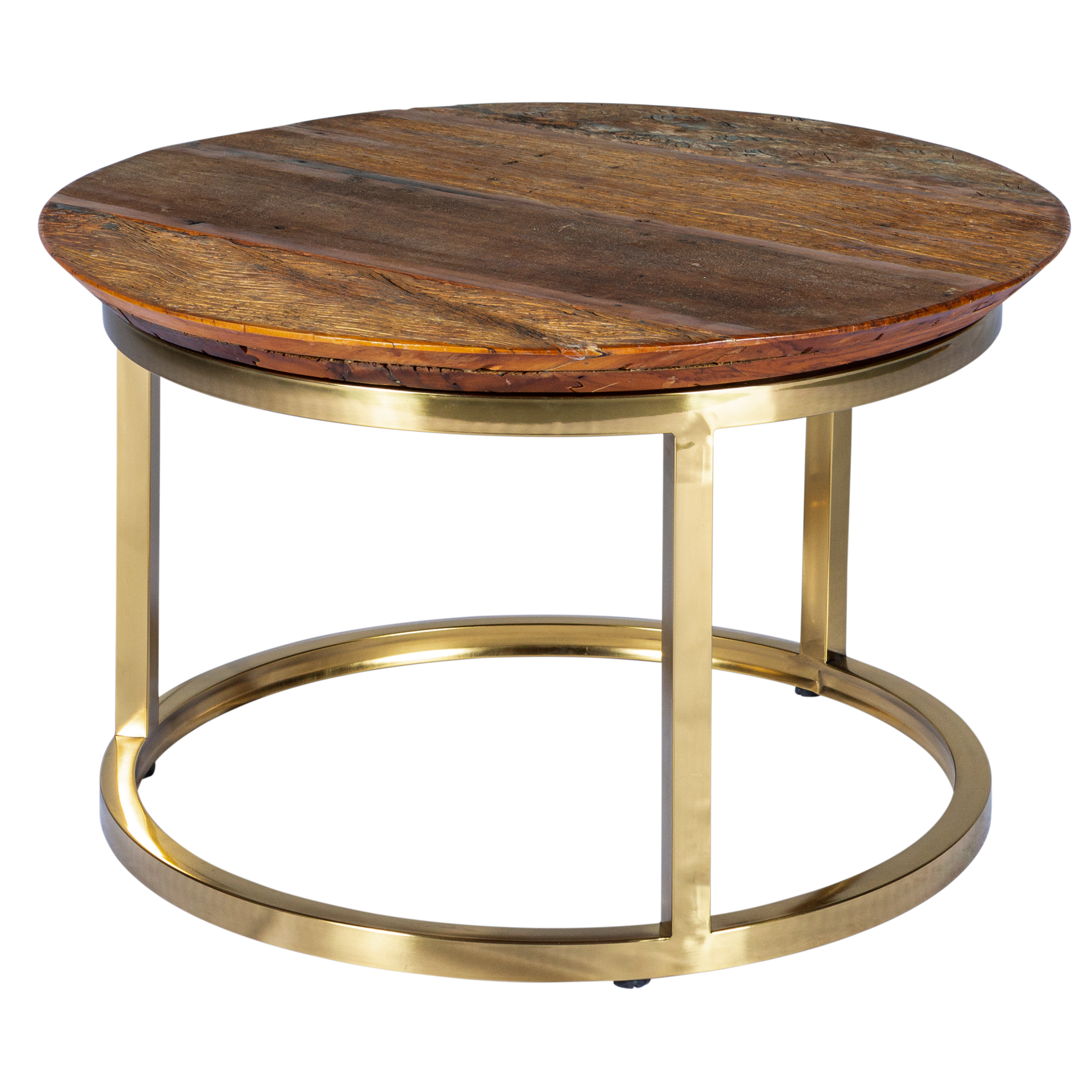 Mesa de Centro Dubai Ouro com Tampo em Madeira Demolição - 0,60 diâmetro x 0,43h