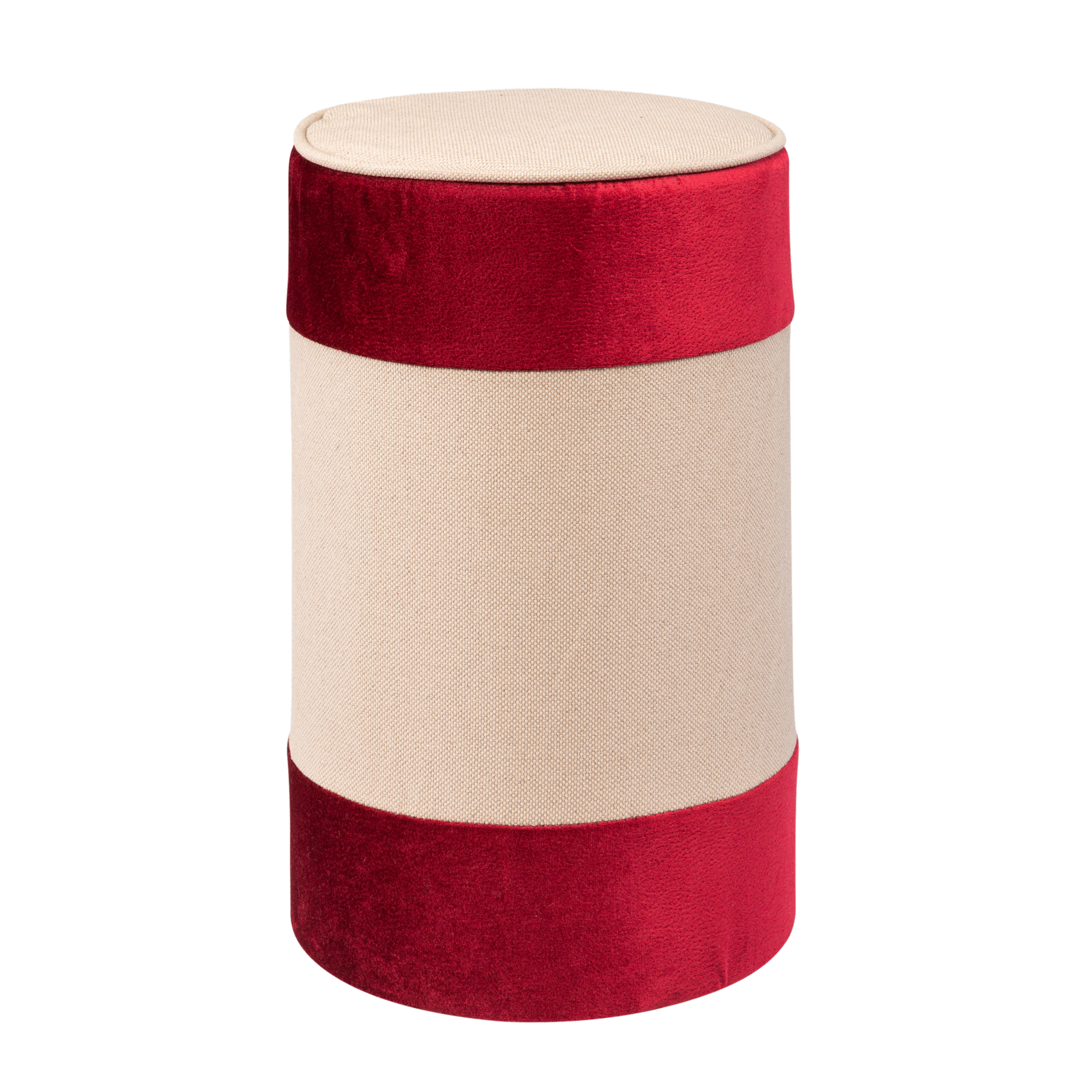 Pufe Tamborete Capa Linho Fendi com Barrado em Veludo Bordô