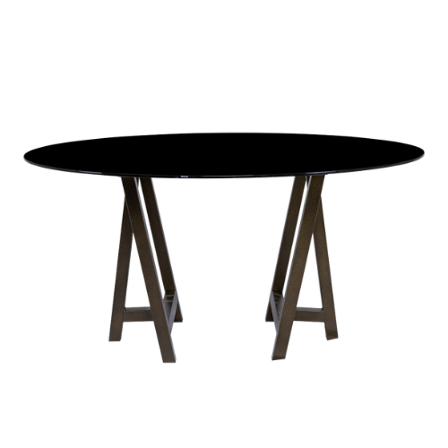 Tampo de Vidro Preto com Base Cavalete Ferro Dourado Envelhecido - 1,60m diâmetro x 0,75h