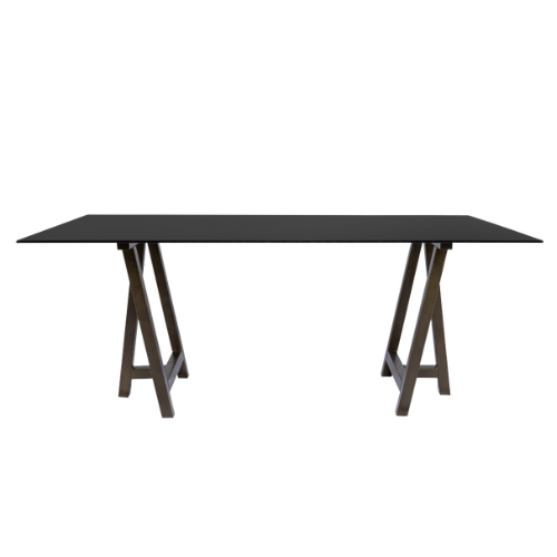 Tampo de Vidro Preto com Base Cavalete Ferro Dourado Envelhecido - 2,00 x 1,00 x 0,75h