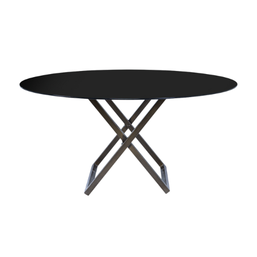 Tampo de Vidro Preto com Base X Ferro Dourado Envelhecido - 1,60m diâmetro x 0,75h