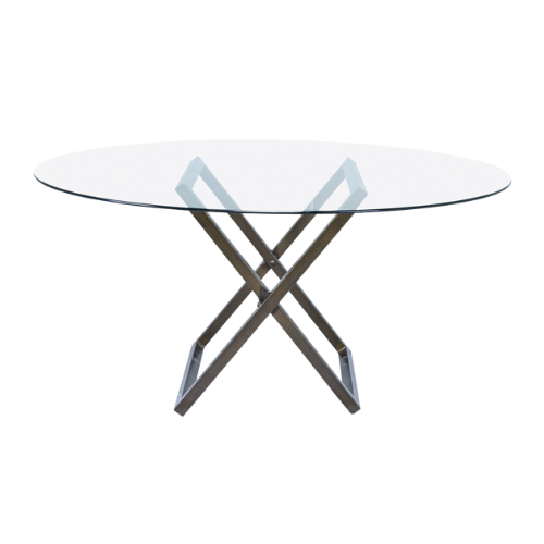 Tampo de Vidro Transparente com Base X Ferro Dourado Envelhecido - 1,60m diâmetro x 0,75h